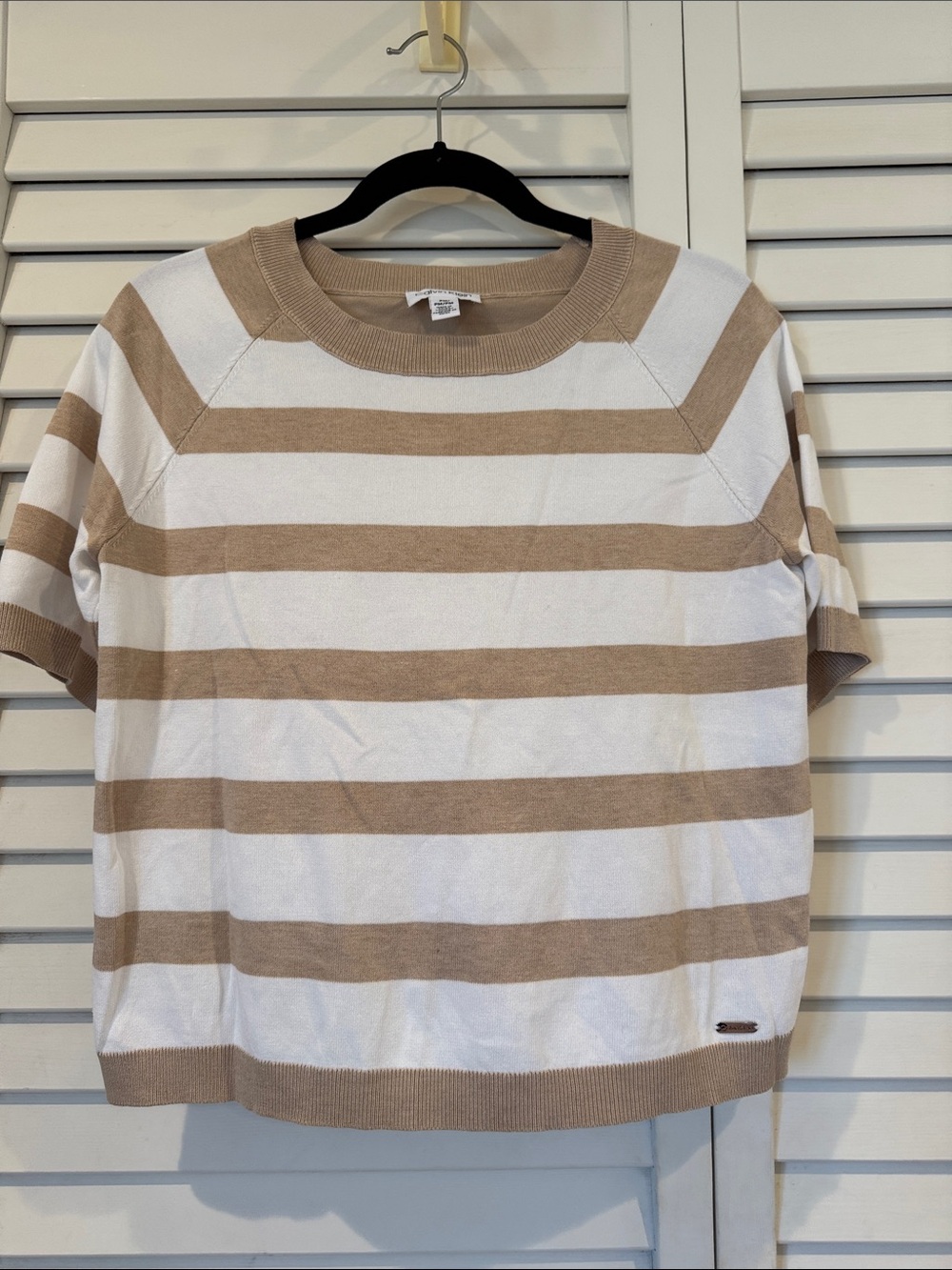 Calvin Klein Cream and Tan Striped Short Sleeve Sweater